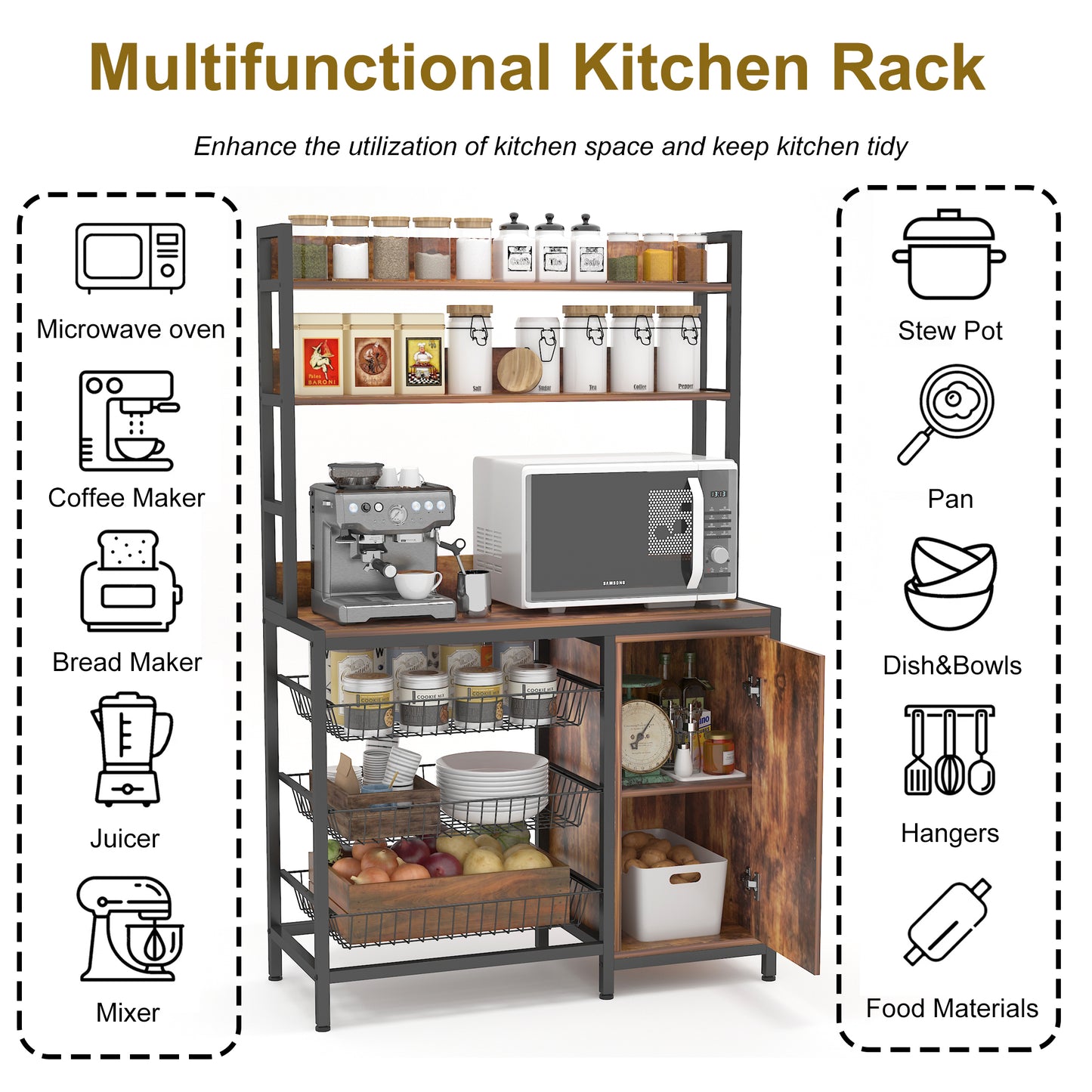 Kitchen Bakers Rack with Baskets,Brown