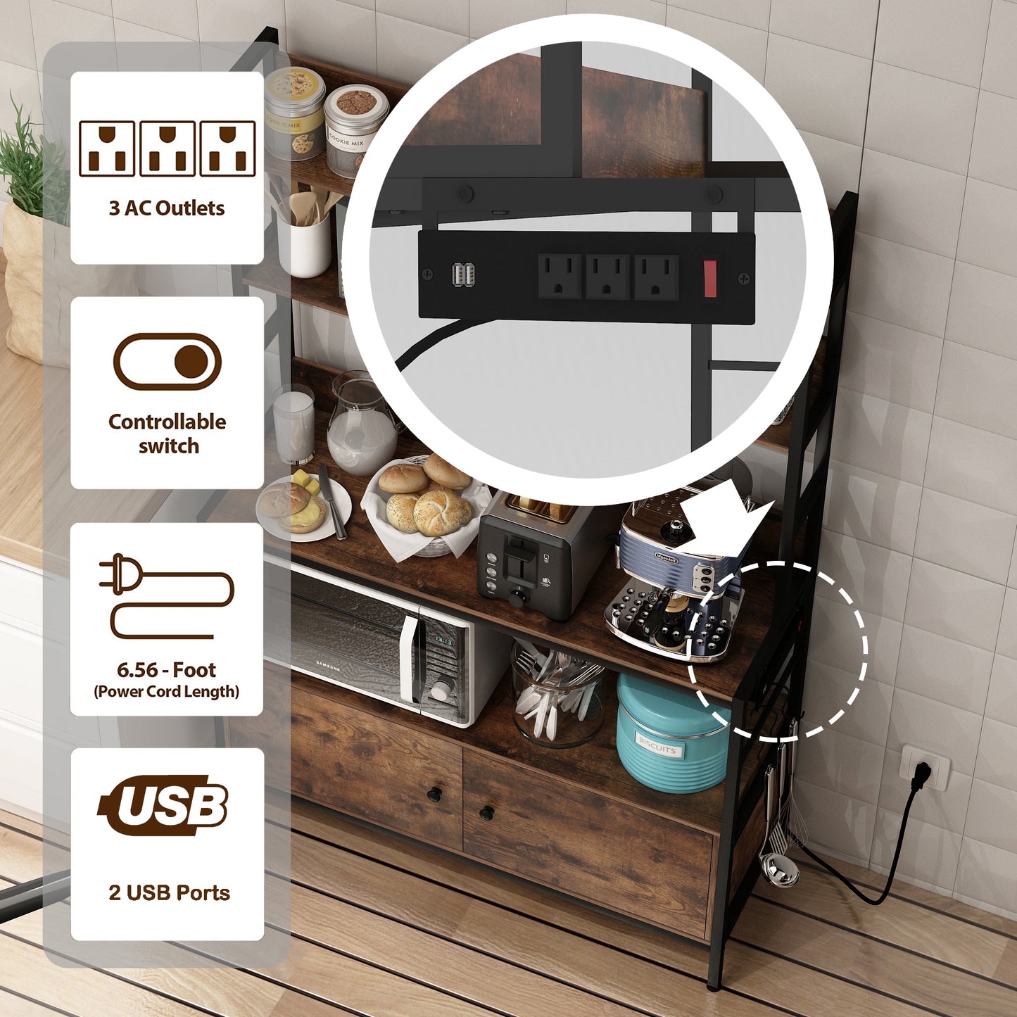 5-Tier Bakers Rack with Power Outlet
