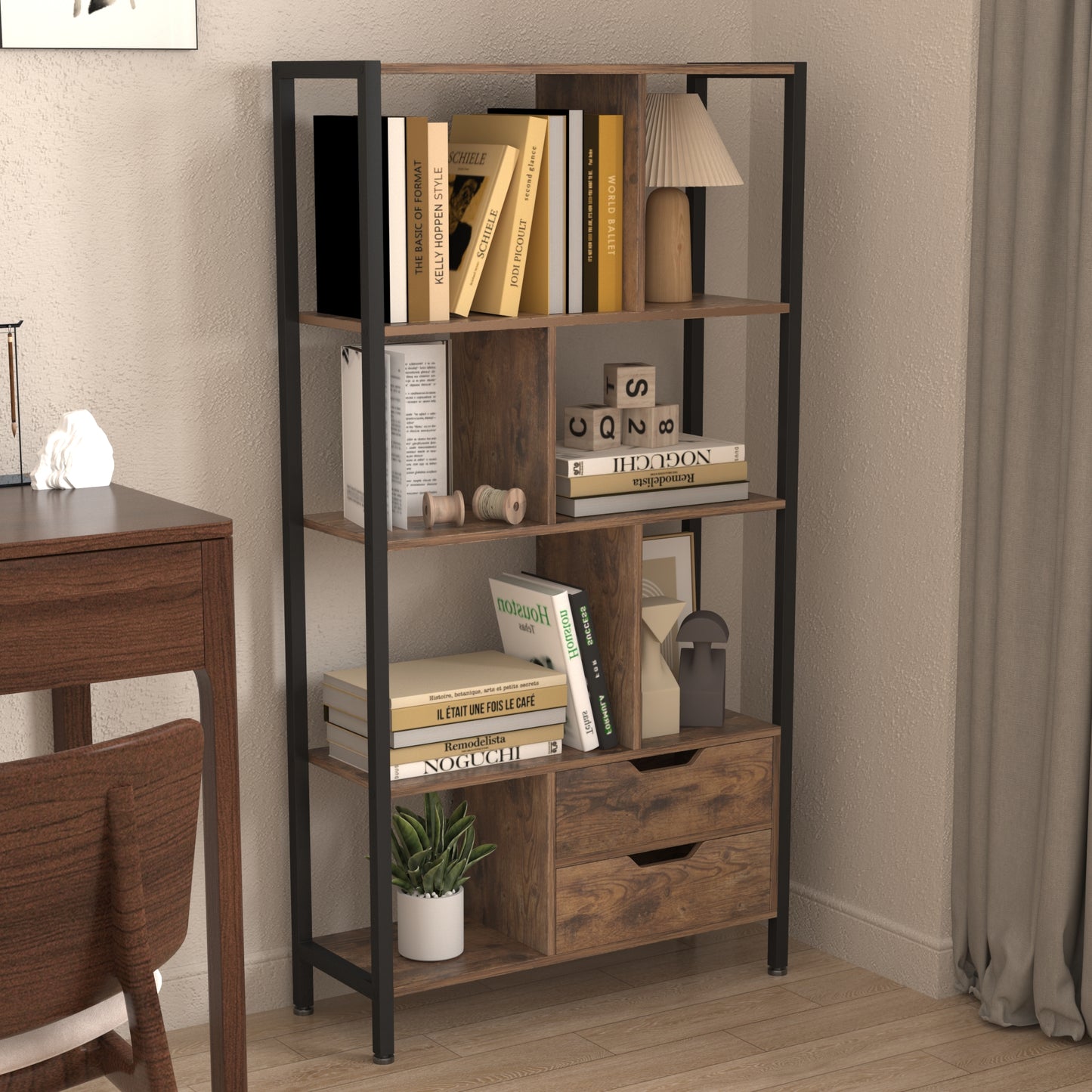 4-Tier Bookshelf with Drawers