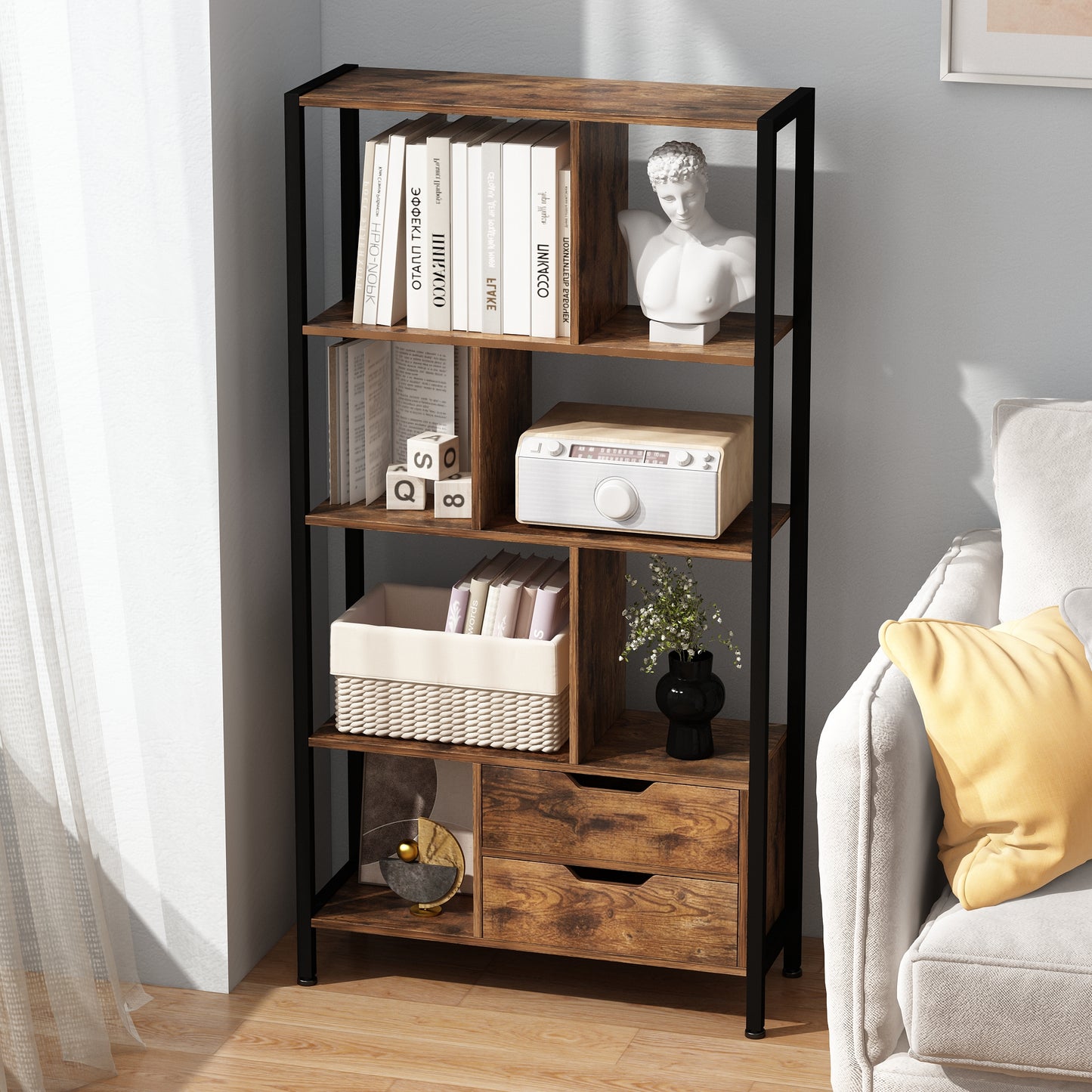 4-Tier Bookshelf with Drawers
