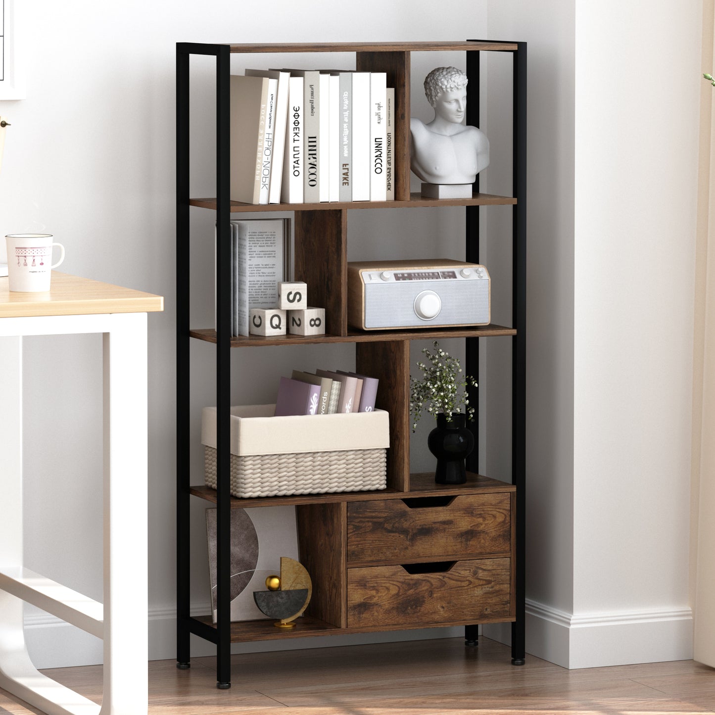 4-Tier Bookshelf with Drawers