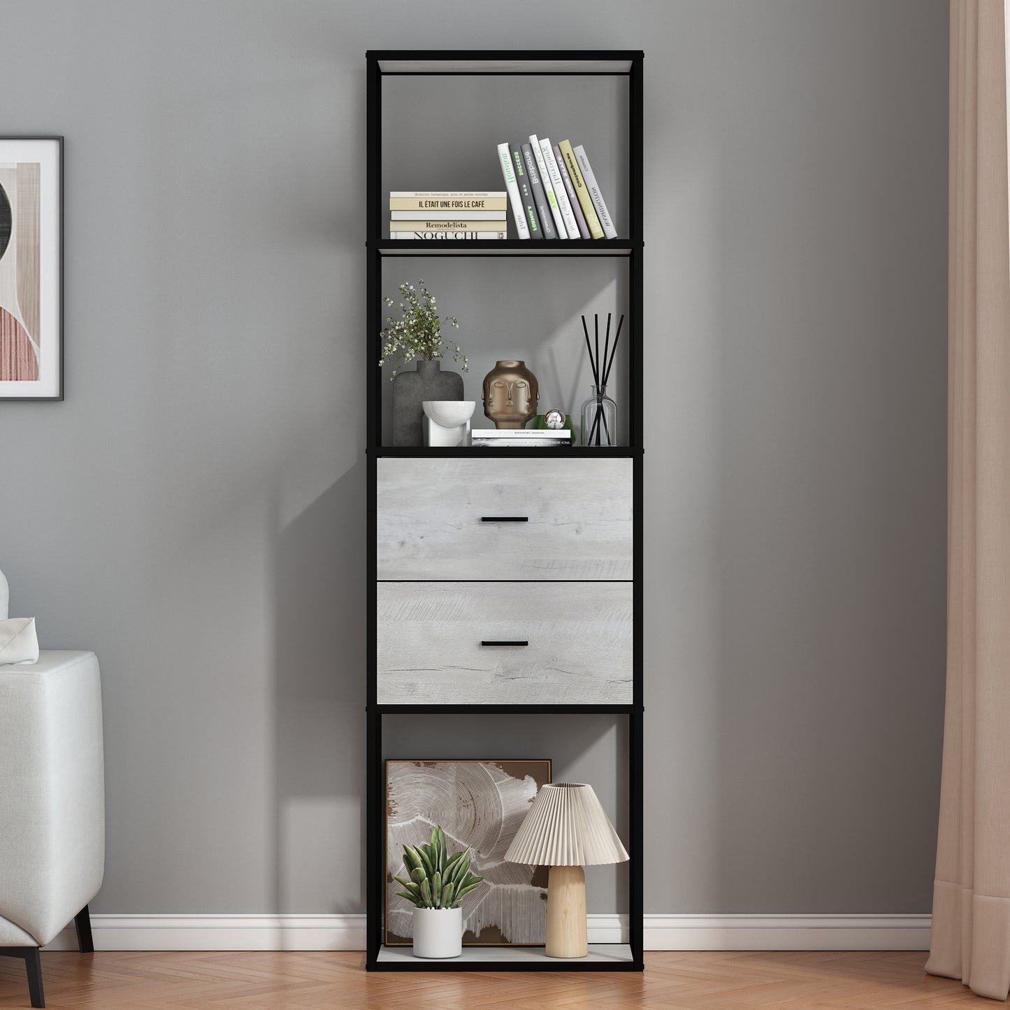 Modern Tall Bookshelf with Drawers