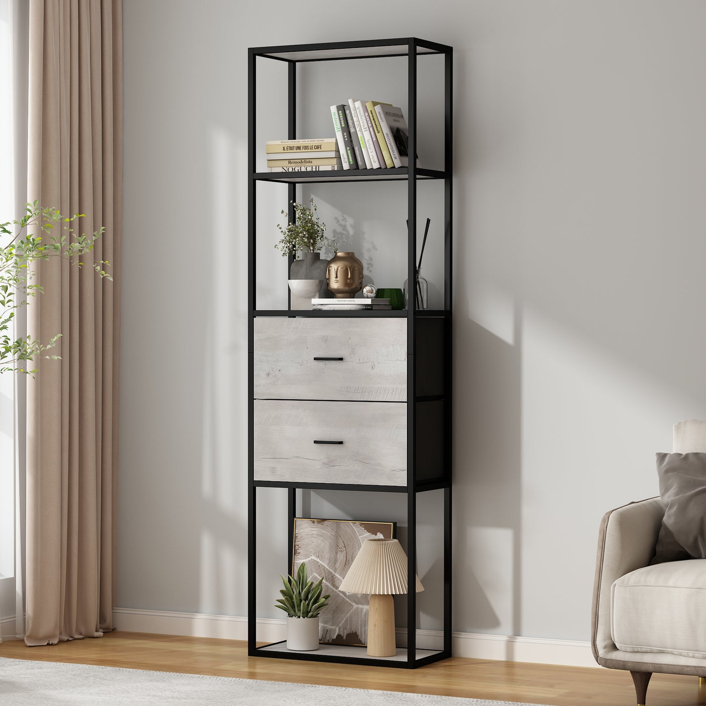 Modern Tall Bookshelf with Drawers