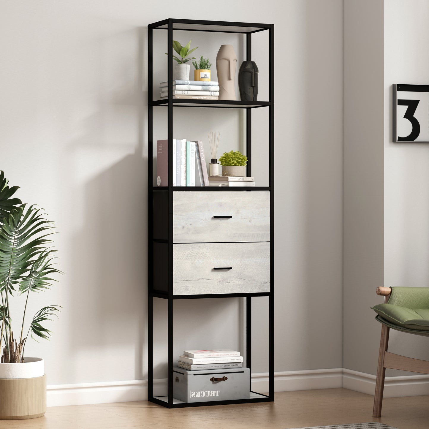 Modern Tall Bookshelf with Drawers