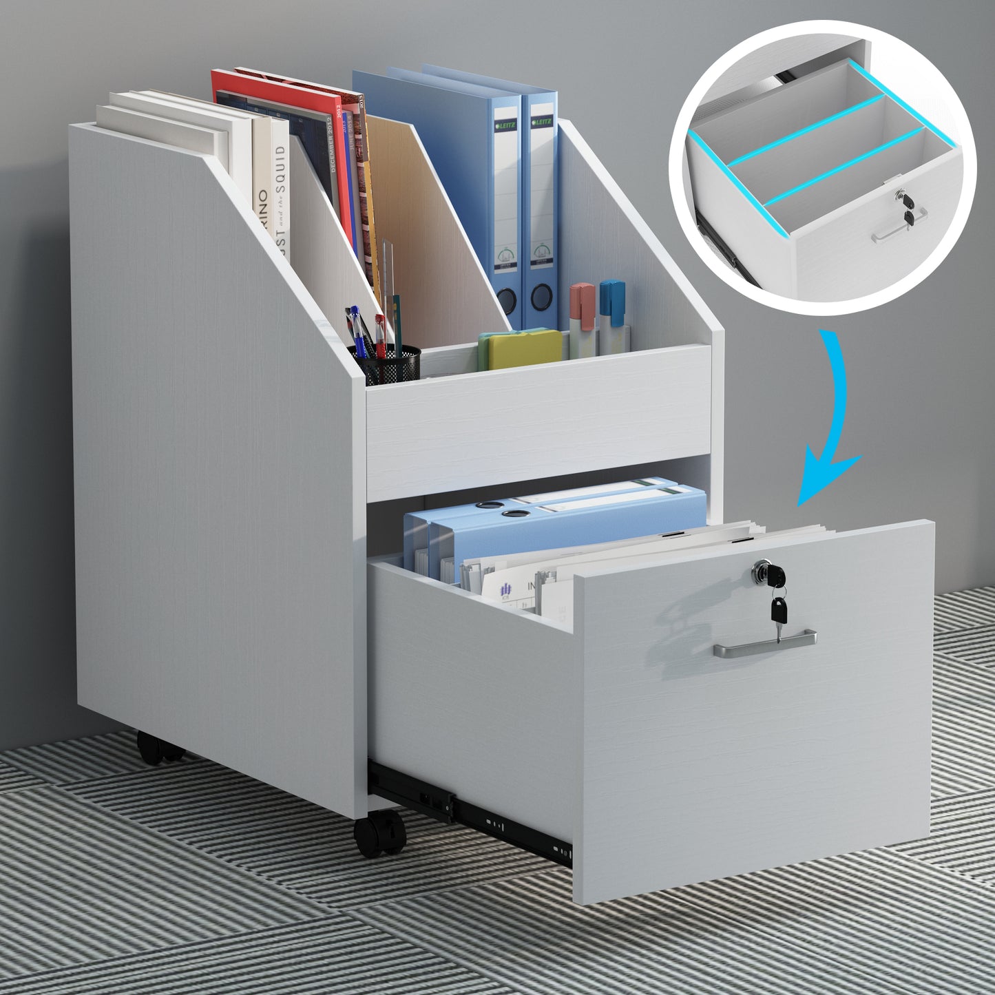 Mobile File Cabinet with Lock,White
