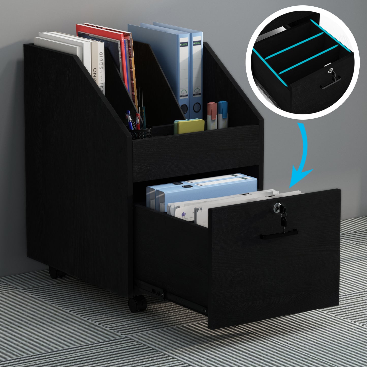 Mobile File Cabinet with Lock,Black