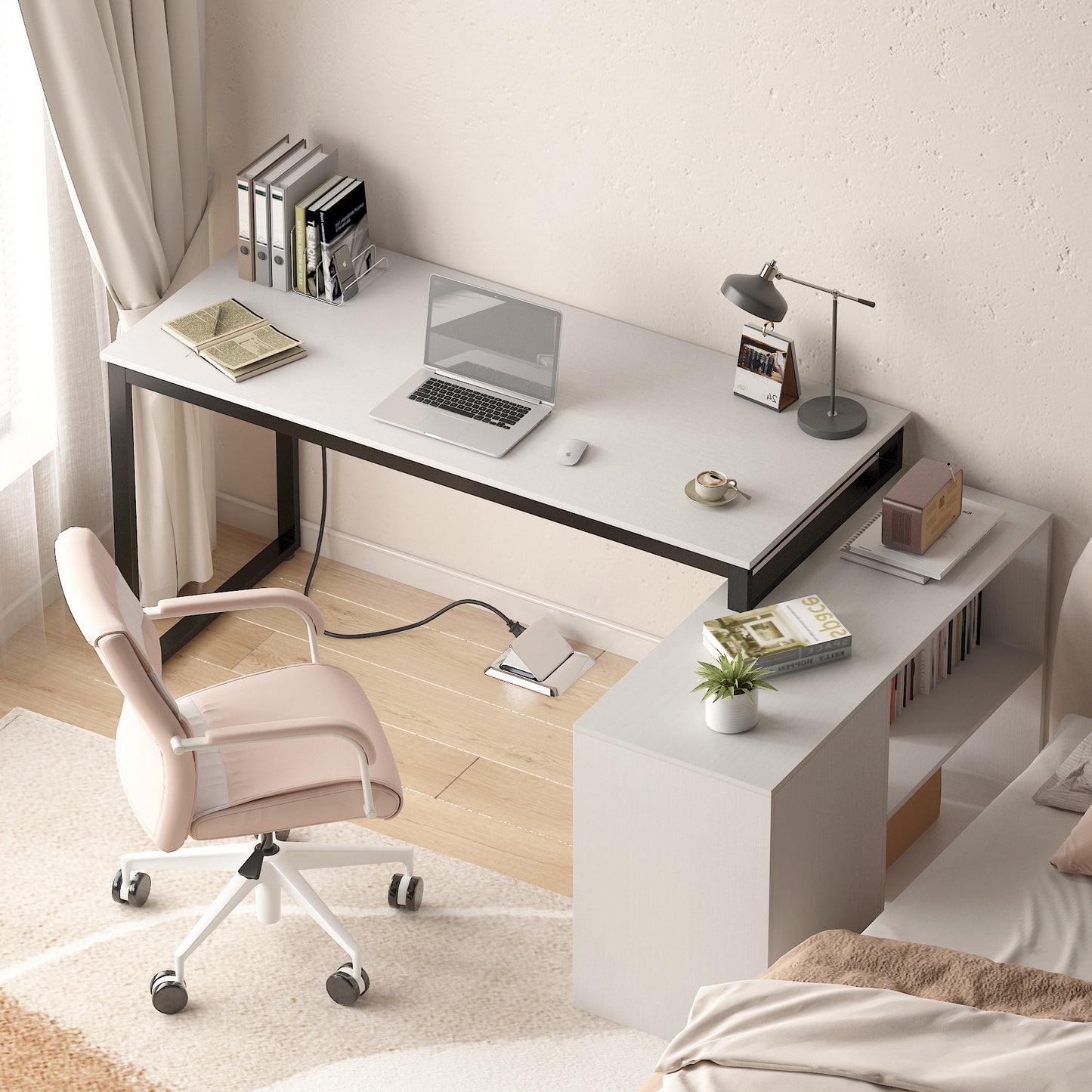 Writing Desk with Power Outlets,White