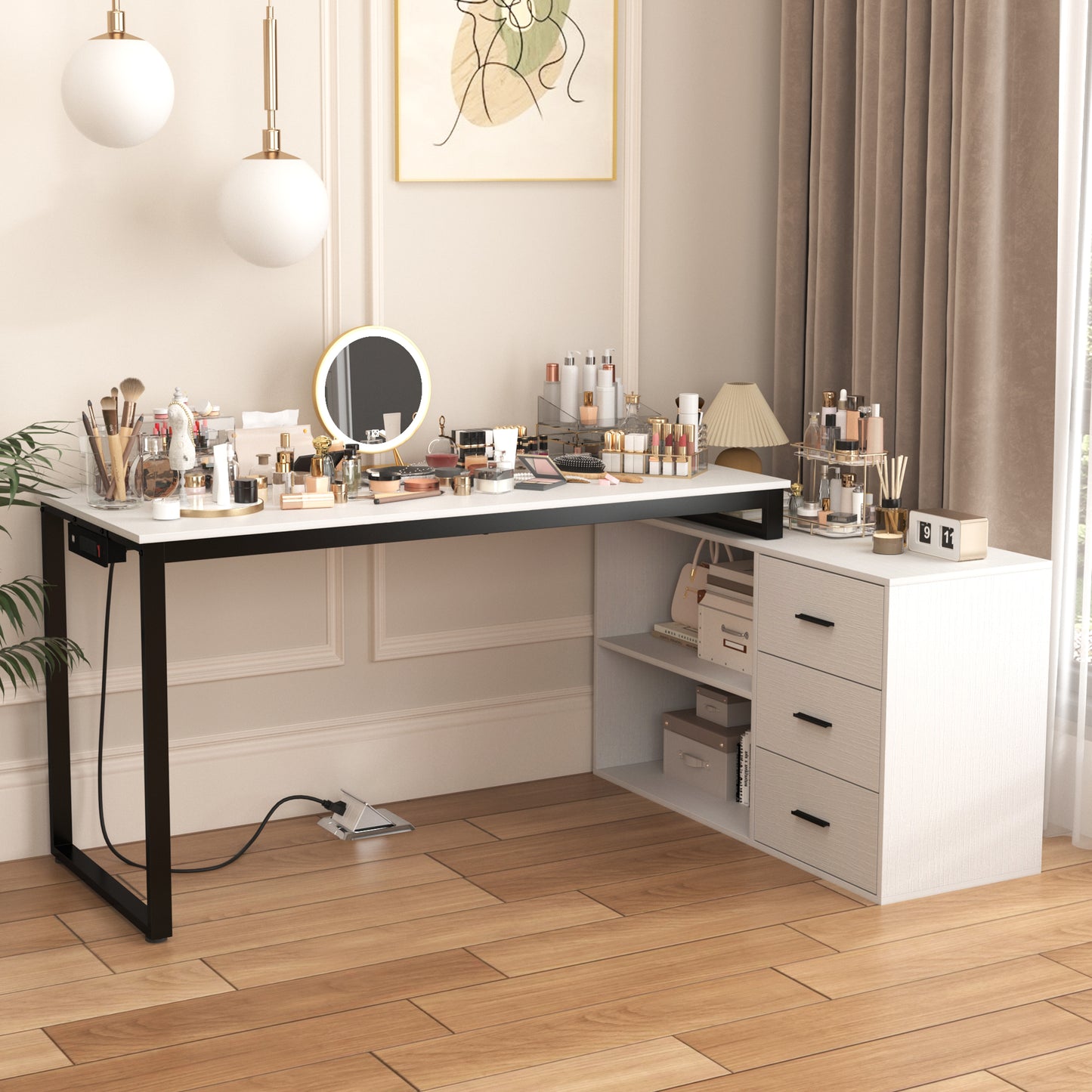 Writing Desk with Power Outlets,White