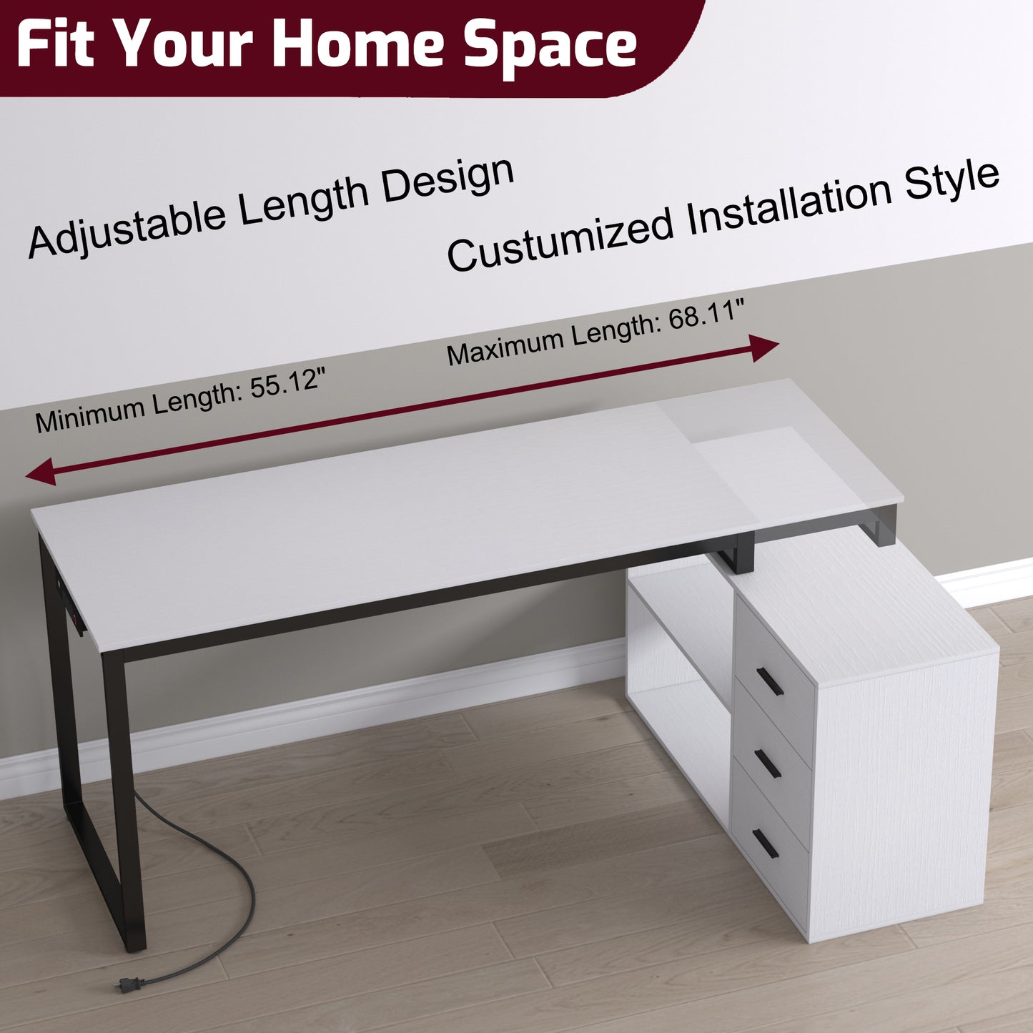 Writing Desk with Power Outlets,White