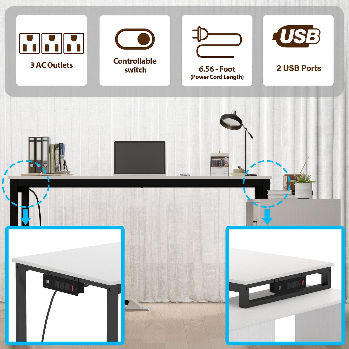 Writing Desk with Power Outlets,White