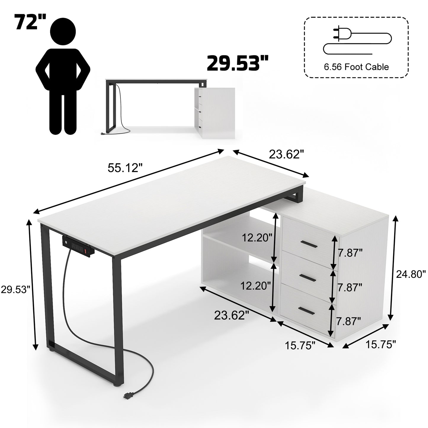Writing Desk with Power Outlets,White