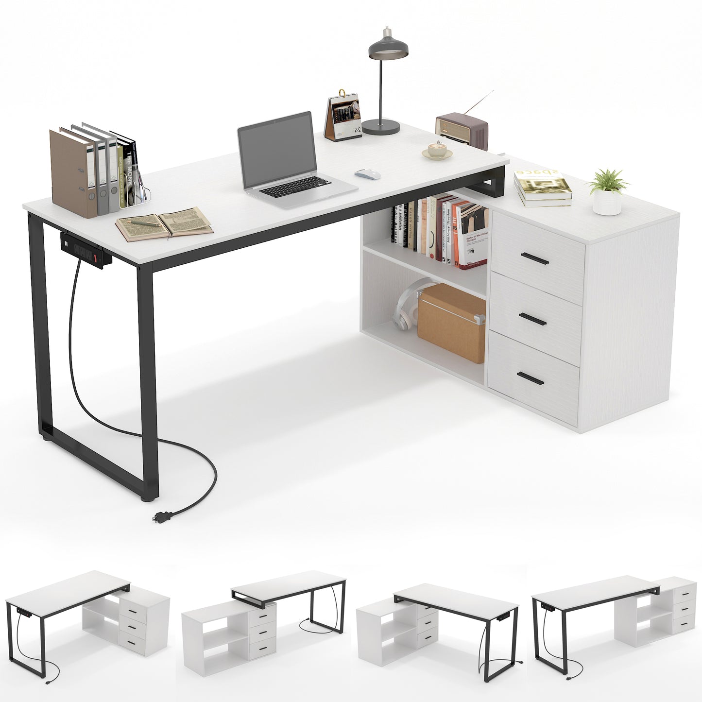Writing Desk with Power Outlets,White