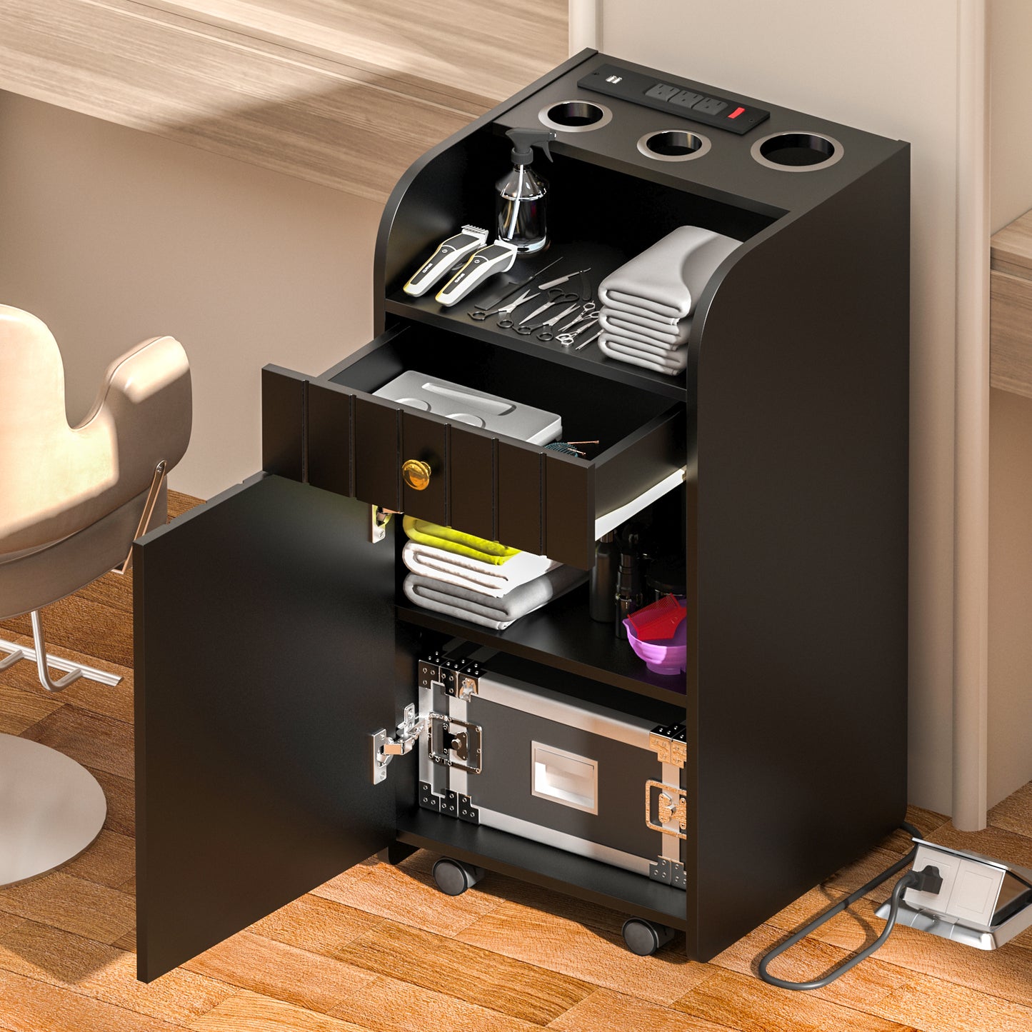 Rolling Barber Station with Power Outlet