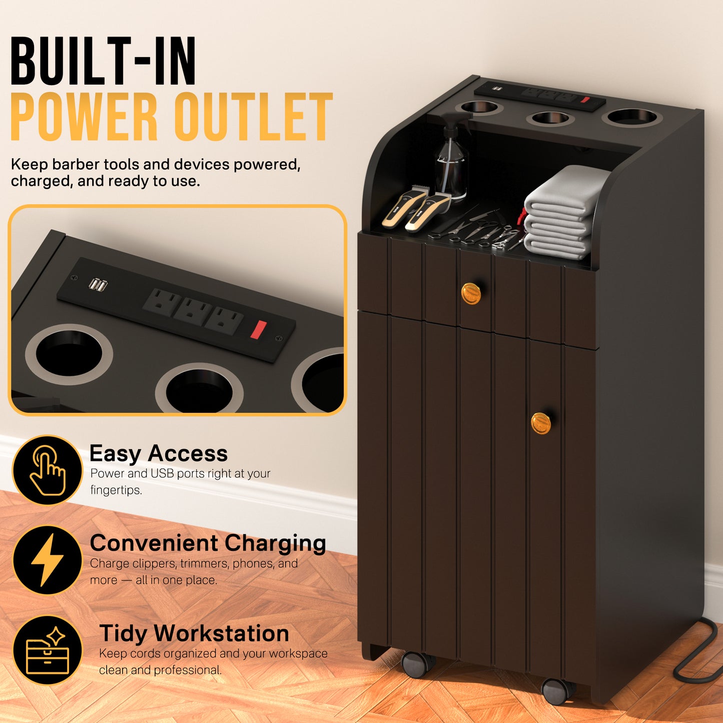 Rolling Barber Station with Power Outlet