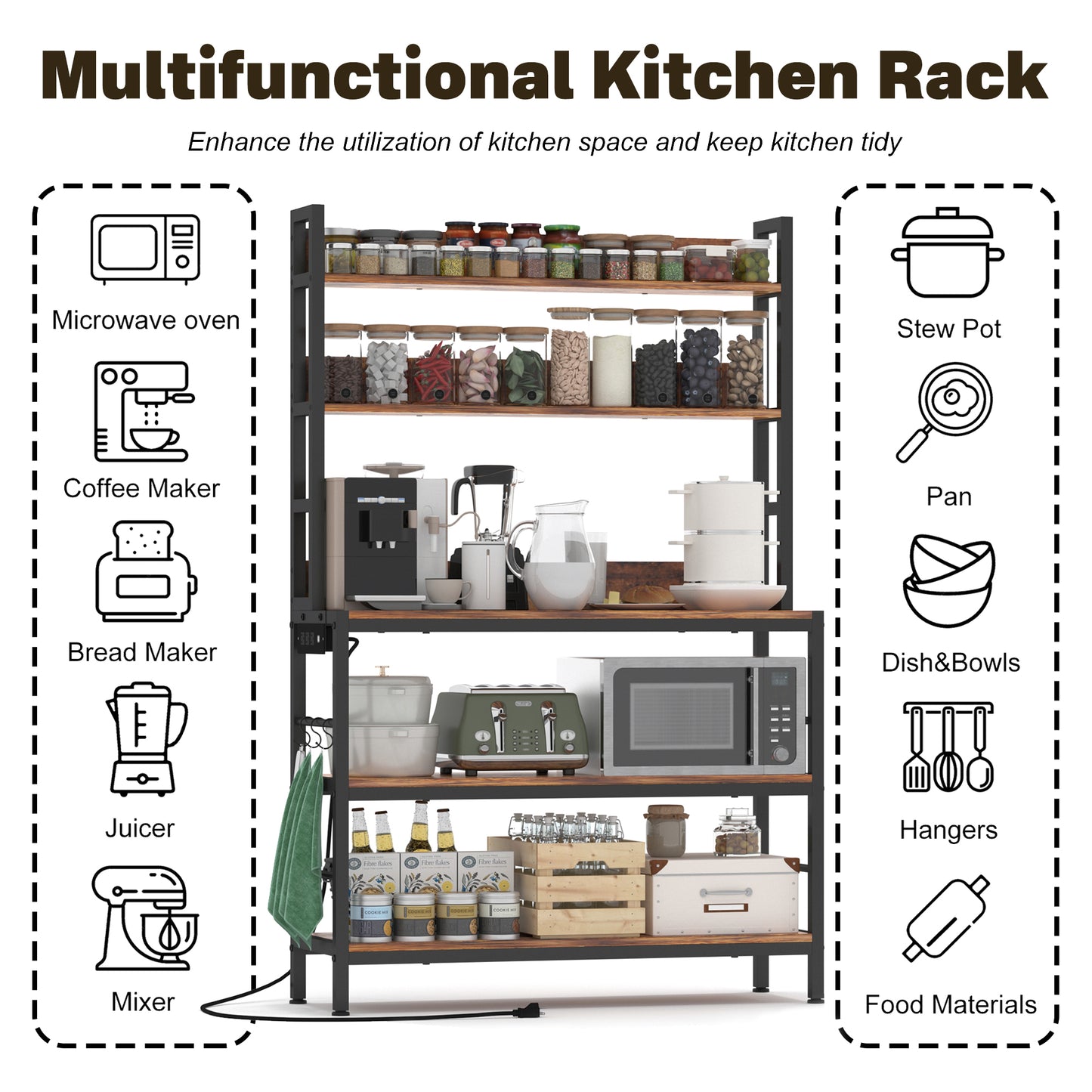 5-Tier Bakers Rack with Power Outlet